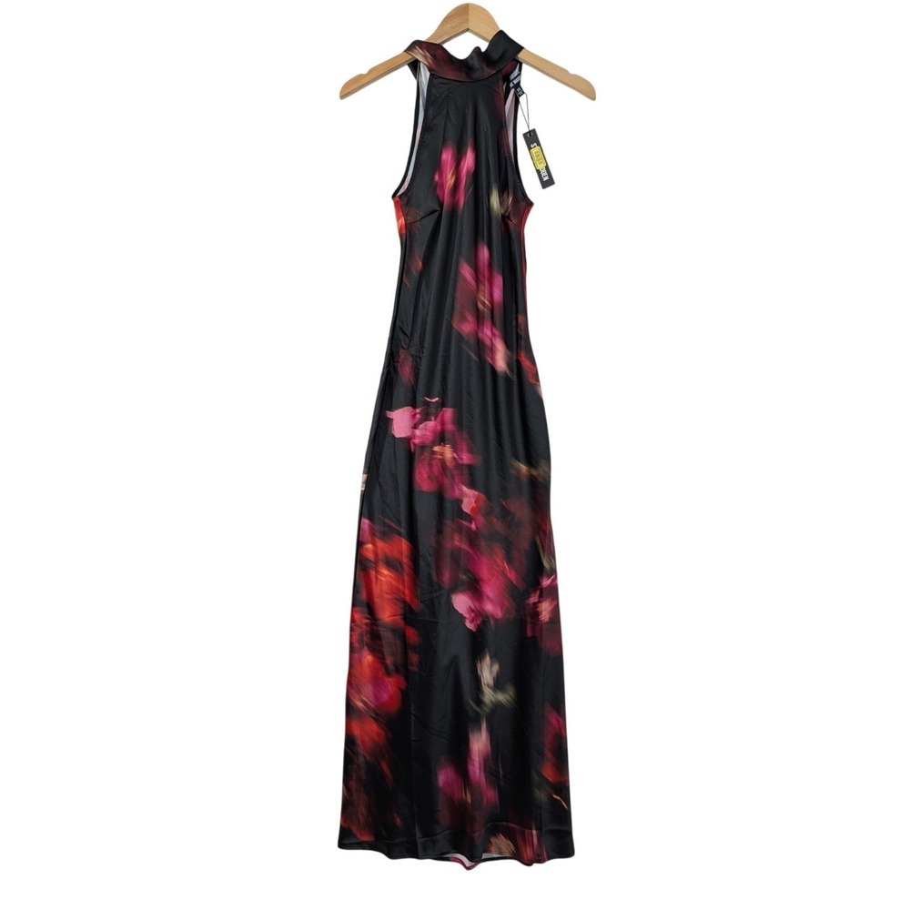 Steve Madden Lara Satin Maxi Dress XS Black Floral Cocktail Party Event Occasion - Picture 3 of 11